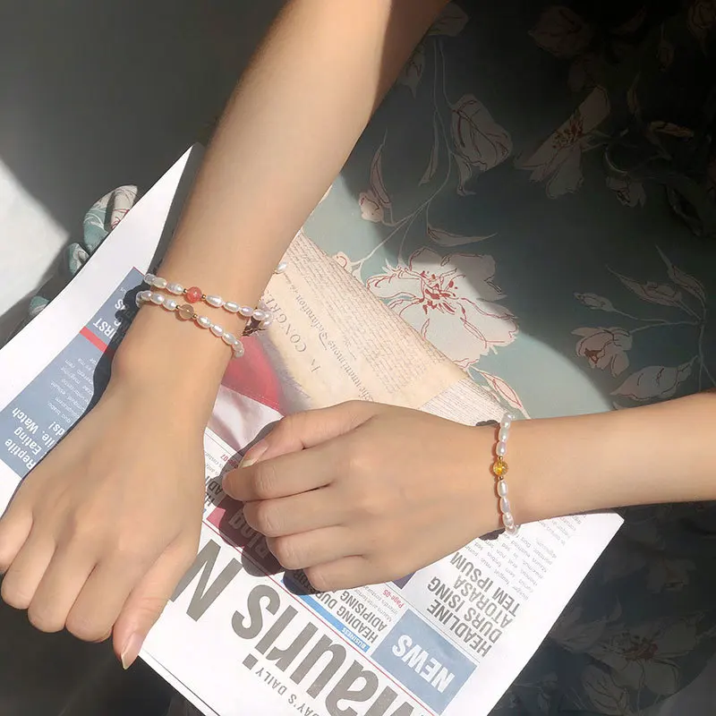 Leouerry Natural Freshwater Pearl Bracelet S925 Sterling Silver Simple Moonstone Strawberry Quartz Crystal Beads Bracelets | Украшения и