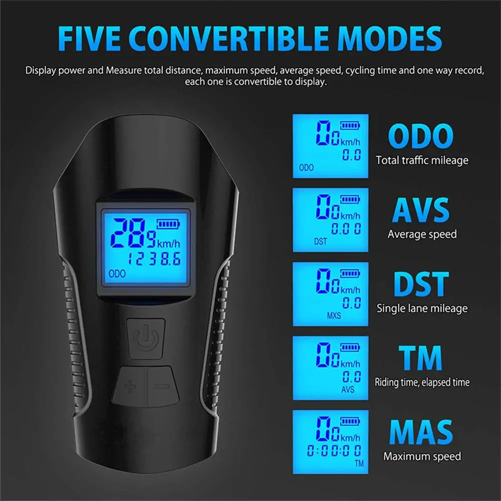

USB Rechargeable LED Bicycle Headlight Bike Horn LCD Display Speedometer 4 lighting modes 6 horn rings Cycling accessories