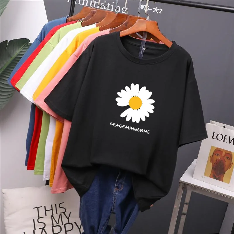 

2021 Summer Korean Women's Round Collar Sports T-shirt Fashion Loose Bottom Shirts Art Letter & Small Daisy Short Sleeves