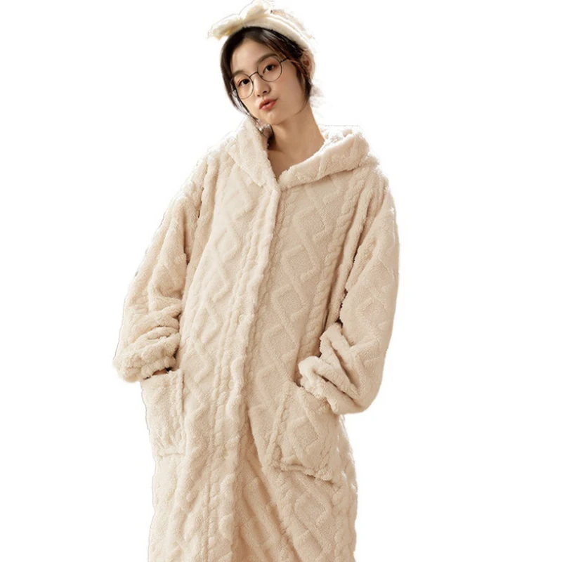 Nightgown Women's Mid-length Coral Velvet Warm Pajamas Sets Sleepwear Flannel Winter OuterwearHome Wear Clothing pijama mujer