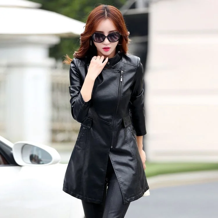 Spring and Autumn New Women's leather middle and long Korean slim fit large locomotive leather windbreaker coat trend enlarge