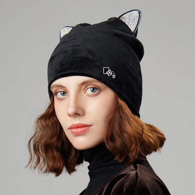 Зимняя женская шапка, s, милая шапочка с кошачьими ушками, Vogue, со стразами, чистый цвет, женские шапки, бренд, осень, для улицы, для девушек, бини, Повседневная шапка - Цвет: Черный