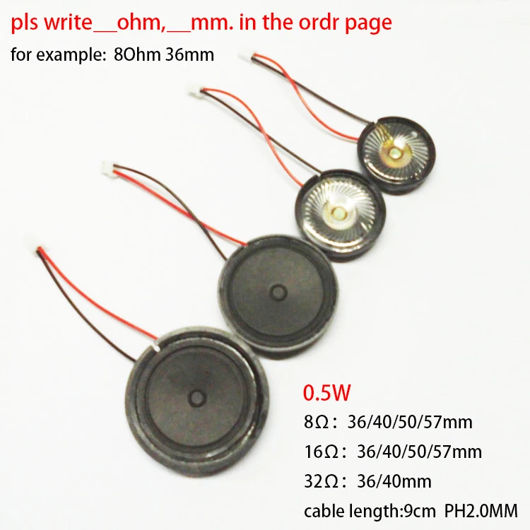 10 шт./лот 0,5 Вт 16Ohm(8Ohm/32Ohm) громкоговоритель 50 Нью-Йорк(36/40/57) мм с PH2.0 разъем провода по умолчанию 16Ohm 50 мм