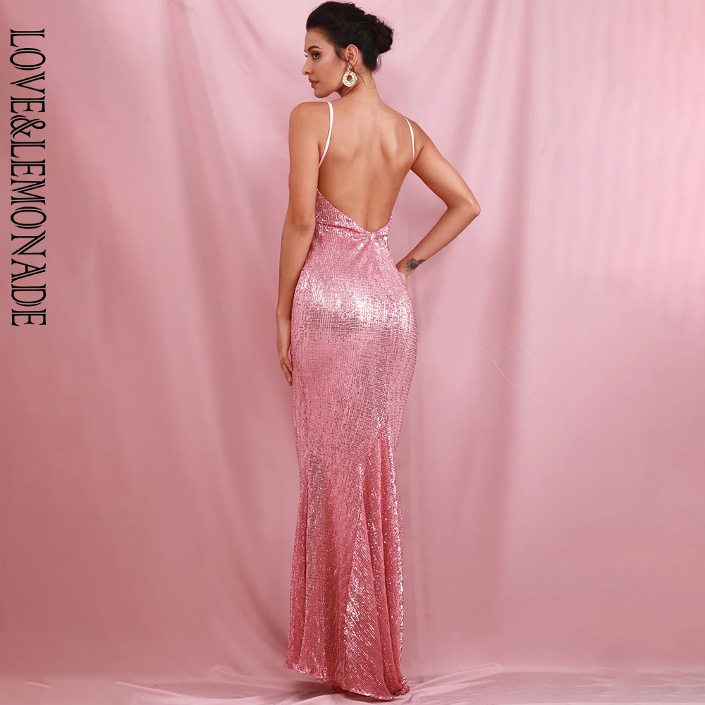 

LOVE&LEMONADE Pink Elastic Sequin V Collar Exposed Back Maxi Dress LM80119