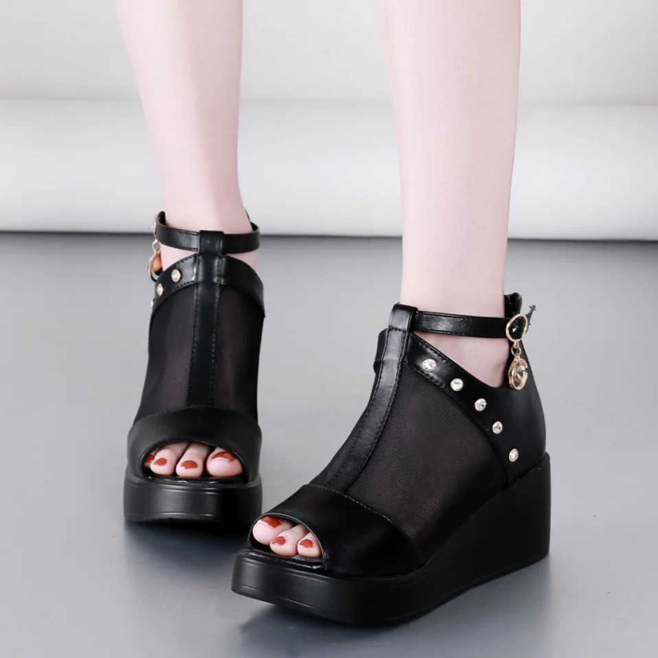

2021Genuine Leather Sandals Woman Shoe Fashion Mesh Open Toe Ladies Beach Wedge Sandals Roman Platform Gladiator Sandal Footwear