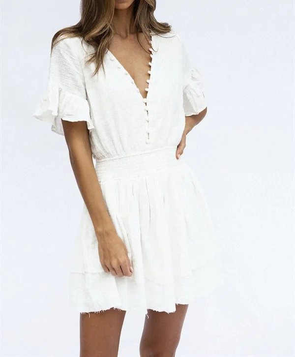 2019 сексуальное Белое платье женское с завышенной талией одноцветное глубоким