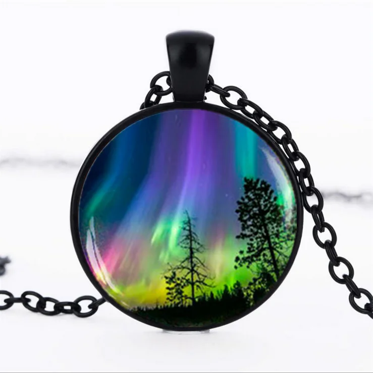 

Colorful Northern Lights Aurora Borealis Charm Scenery Cabochon Glass Pendant Necklace Galaxy Universe Hand Craft Art Jewelry