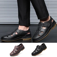 classic men genuine leather sandals breathable hollow out business casual shoes comfort solid outdoor summer shoes for father