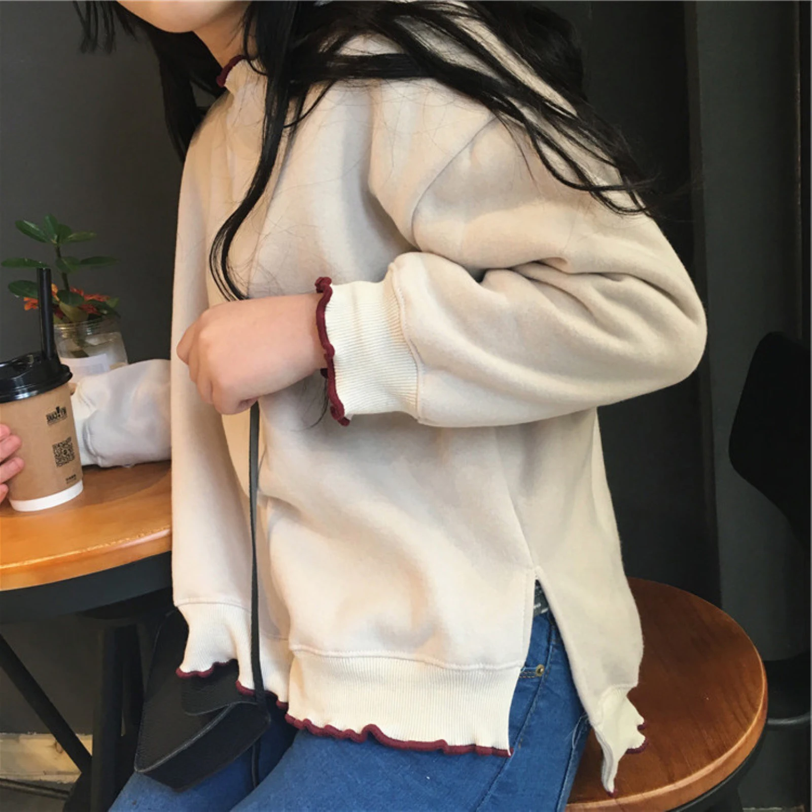 Women Fashion Plush Hoodies Female O Neck Wavy Hem Split HarajukuTops Tracksuit Sweatshirt Long Sleeve Casual Female Fall Coat