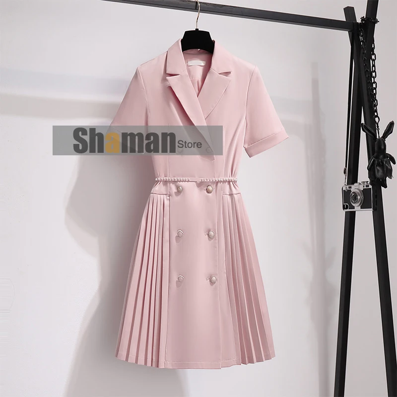 

luxury designer high end branded runway dress for woman 2021 summer New Elegant Double Breasted Pink Pleated party Dresses S-XL