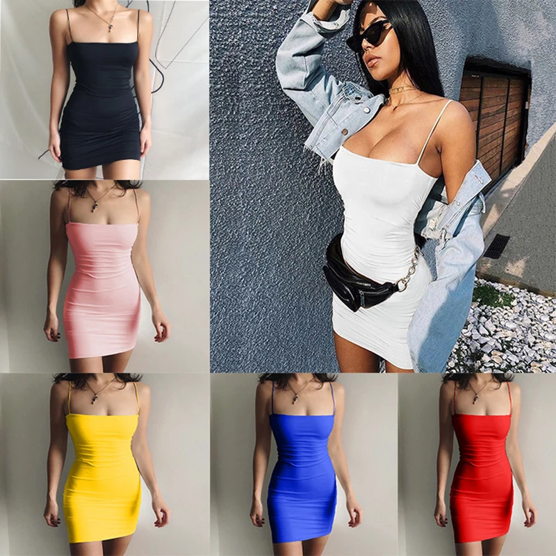 

Bikoles Summer Fashion Women's Mini Dress 2021 New Sexy Spaghetti Strap Slash Neck Club Backless Bodycon Ladies Dresses Vestidos