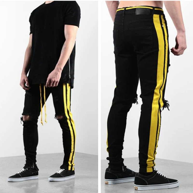 Мужские узкие джинсы KENNTRICE в стиле хип хоп желтые рваные полоску с боковыми