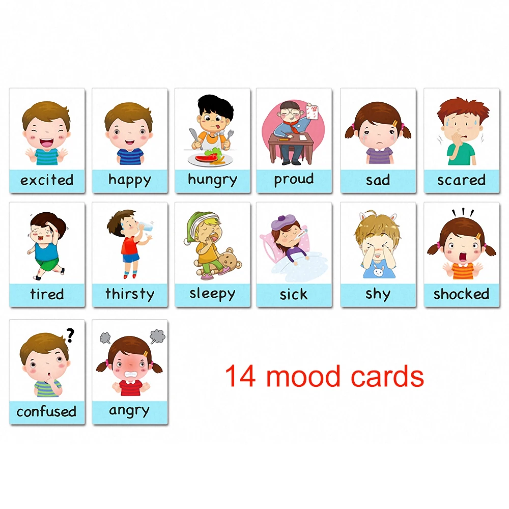 

14Pcs Montessori Kids Learning Toys English Learning Cards Cartoon Mood Emotion Flash Cards Early Educational Toys for Children
