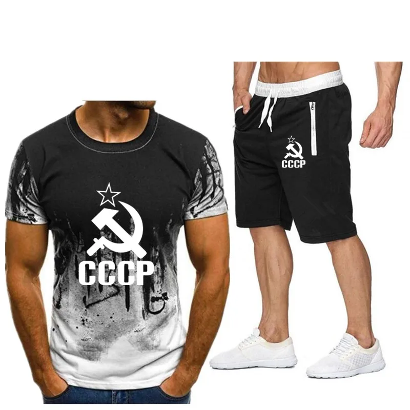 Комплект из футболки и шортов для мужчин модный костюм СССР двух предметов лето