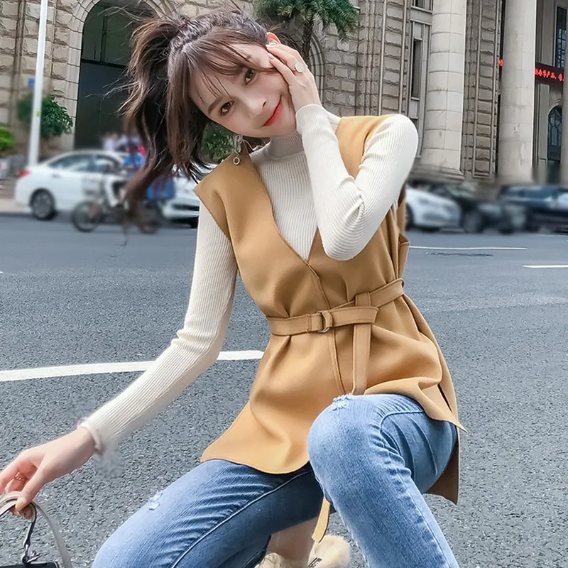 

Women Coat With Belt V-neck Ladies Sleeveless Coat Female Chic Elegant Top