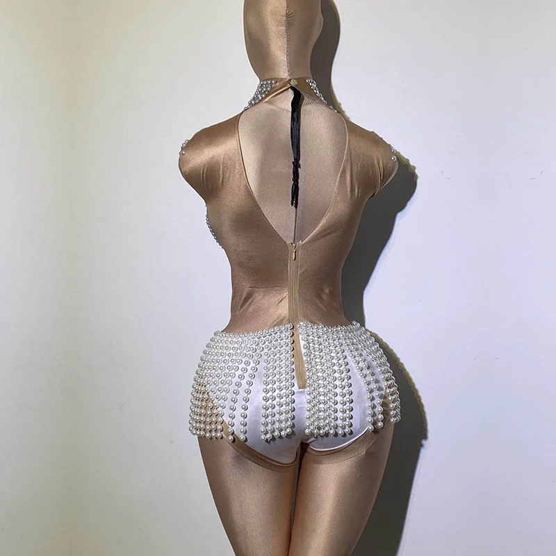 

Stretch white pearl tassel jumpsuit stage performance costume bar concert DJ singer/dancer costume