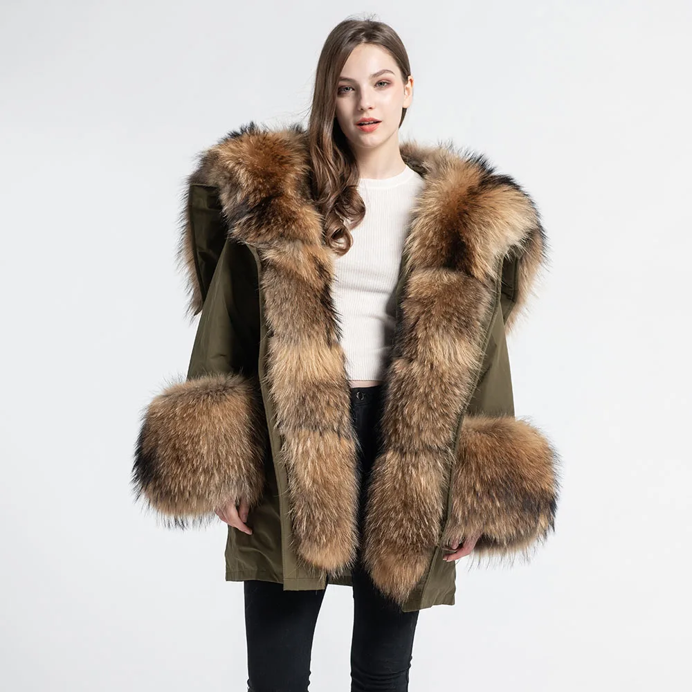 Natural Raccoon Большая Меховая парка из натурального меха енота, толстая пушистая меховая верхняя одежда из натурального Лисьего меха, высокое качество, S7555 - Цвет: Natural Raccoon