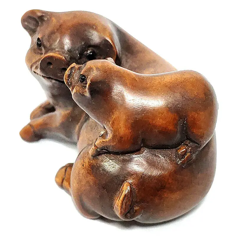 

Collectible 2 INCH Japanese Boxwood 20 Years Old Hand Carved Netsuke Sculpture Miniature Two Sweet Pigs Rest - #Z7888
