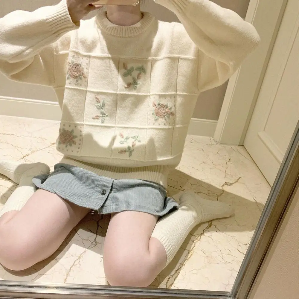 

Vintage Embroidery Winter Sweater Women Oversized Sweater Korean Harajuku Clothes Loose Knit Sweater Kawaii Ulzzang Knitwear