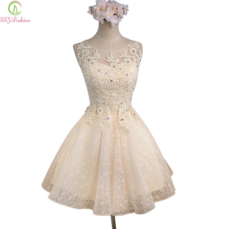 Женское коктейльное платье SSYFashion милое короткое цвета шампанского без рукавов с