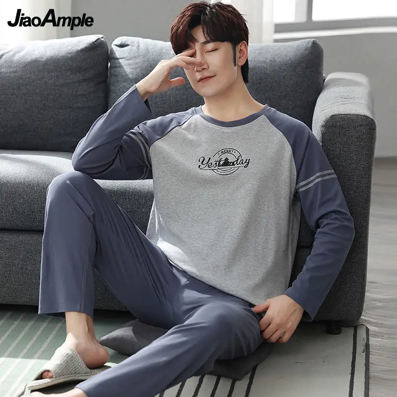 Men's Pajamas 2021 Autumn Winter Cotton Long-sleeved Trousers Pijamas Two-piece Male Sleepwear Loose Home Clothes Suit