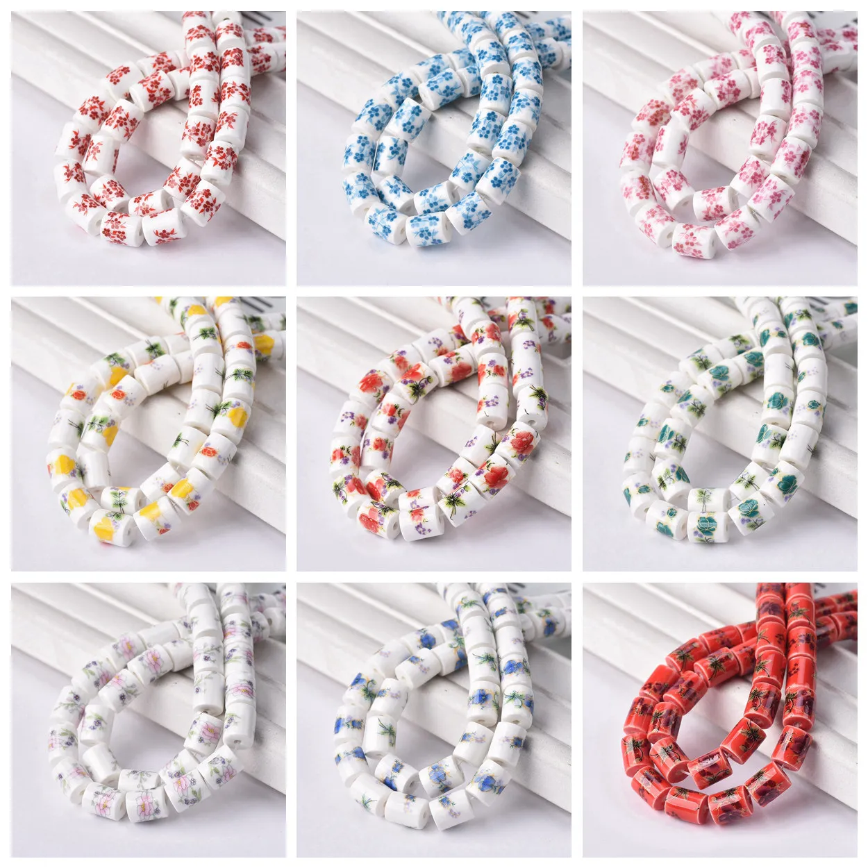 

11x6mm Cylinder Shape Flower Patterns Ceramic Porcelain Loose Crafts Beads Lot for Jewelry Making DIY Findings