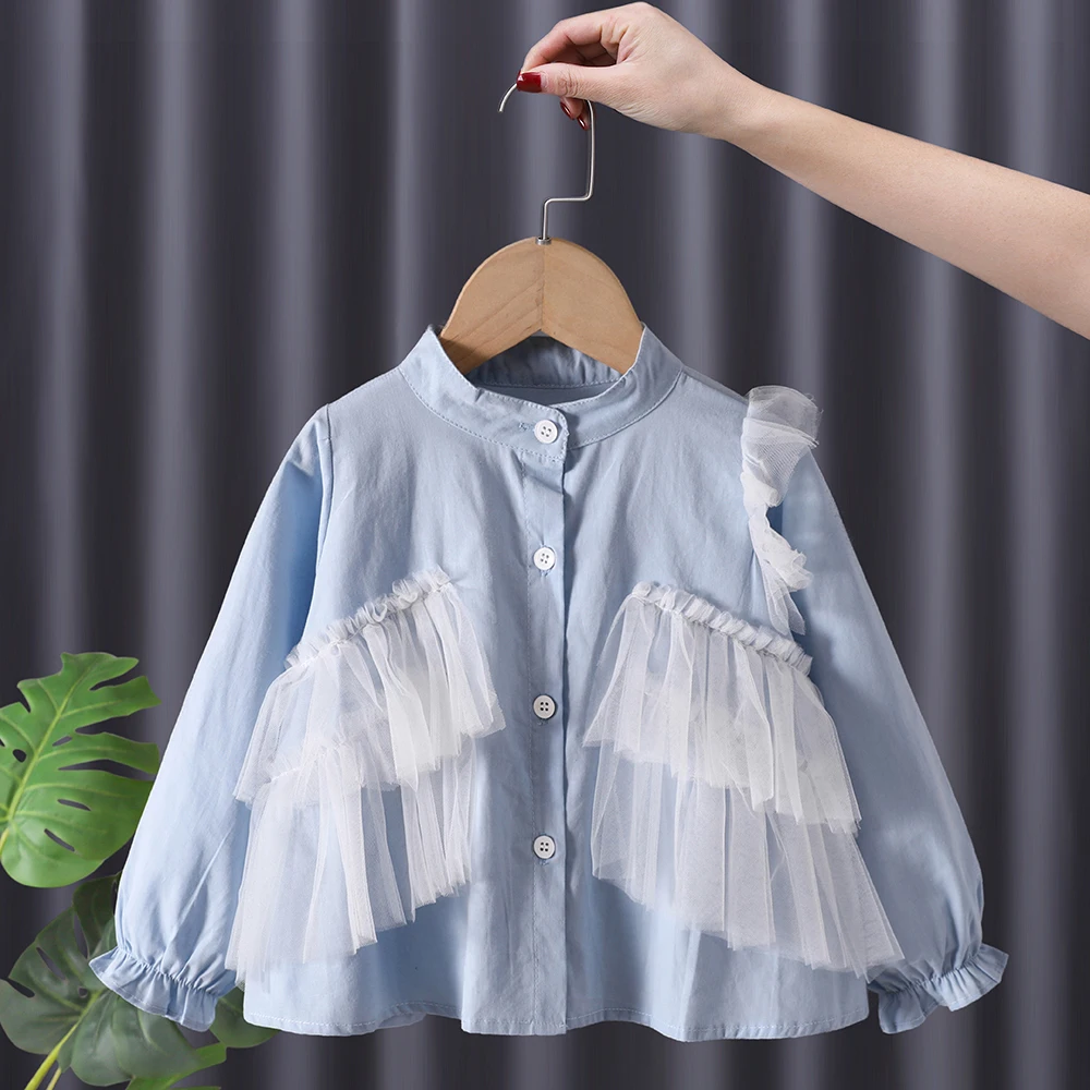 

Осенняя одежда, хлопковая блузка для девочек, кружевные топы с рюшами для принцесс, лоскутный Топ с длинным рукавом для маленьких девочек 2-8 ...