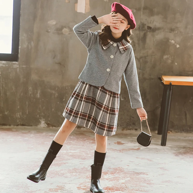 

Lovely Lattice Spring Autumn Teens Children Clothes Baby Girls Suit Coat+ Dress Kids Toddler Outwear High Quality