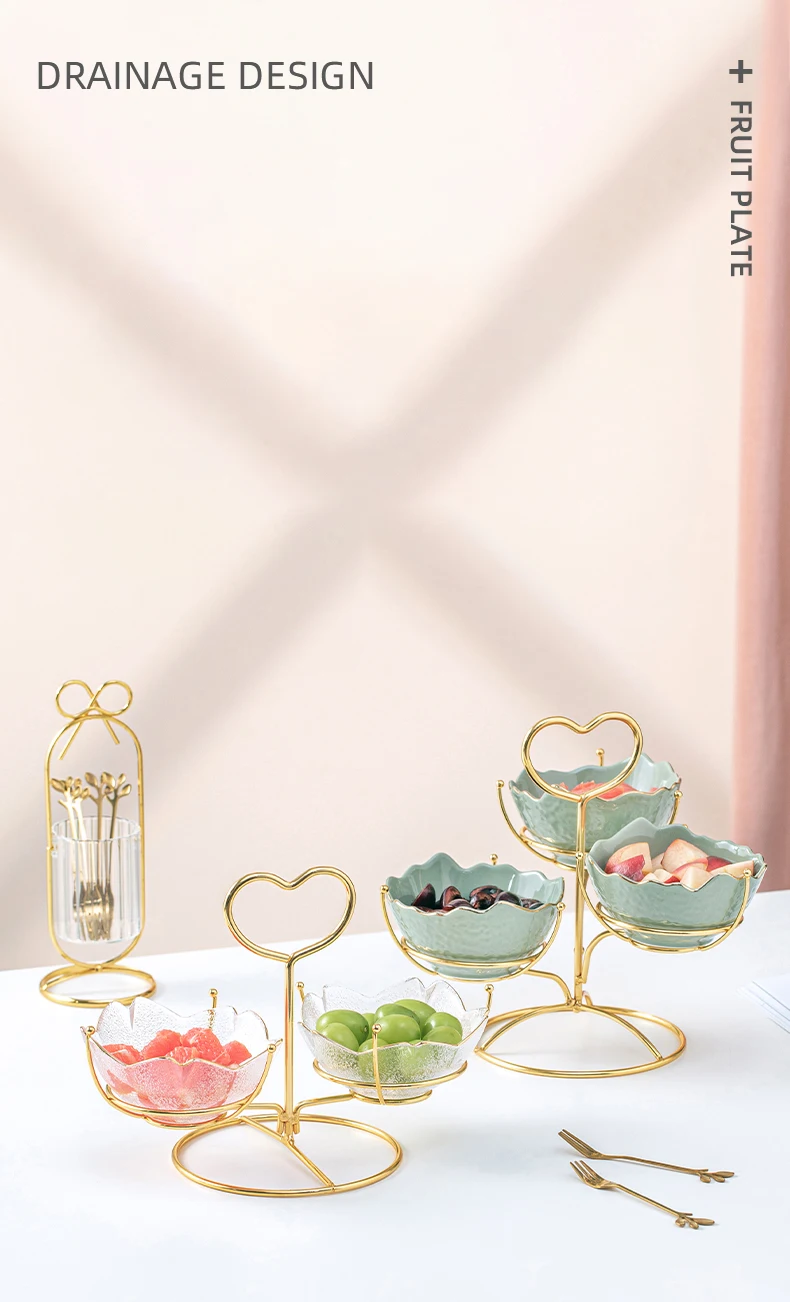 

BFE Light Luxury Glass Split Fruit Plates With Holder Household Candy Nut Plate Party Holiday Snack Cake Ceramic Dishes