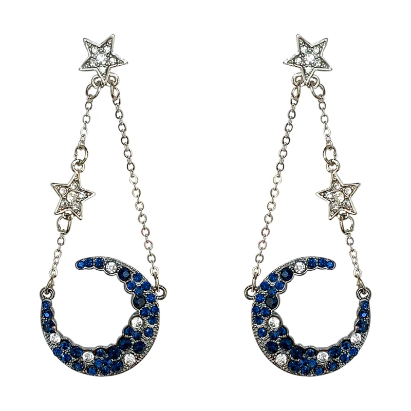 Корейский модный кристалл серьги висюльки с Луной длинные синие в виде Луны и