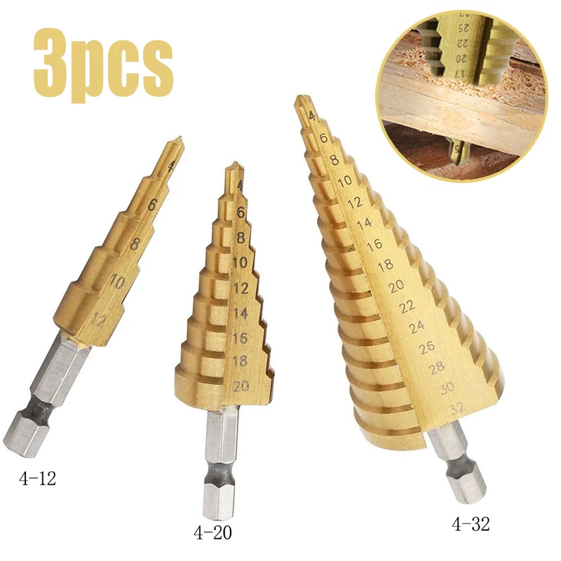 

3pcs 1 / 4 " Titanium Coated Metal Hex Core Drill Bits Set Hss Step Drill Bit Set Cone Hole Cutter Taper Metric 4-12 / 20 / 32mm