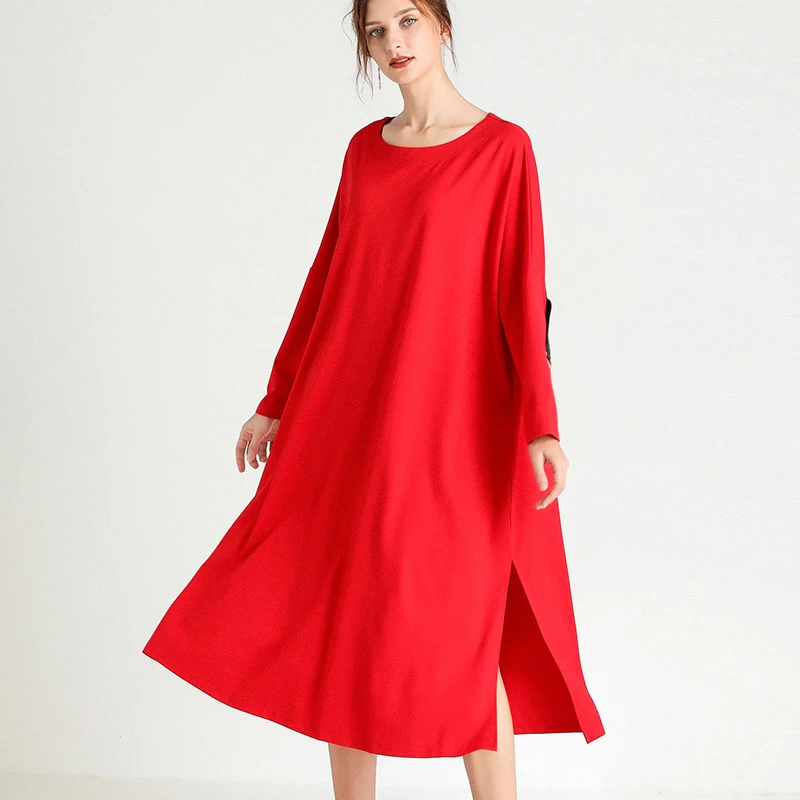 

Red Dress 2020 Winter Autumn New Women Simple All Match Basic Fashion Knit Loose Oversized Dresses Black 62291