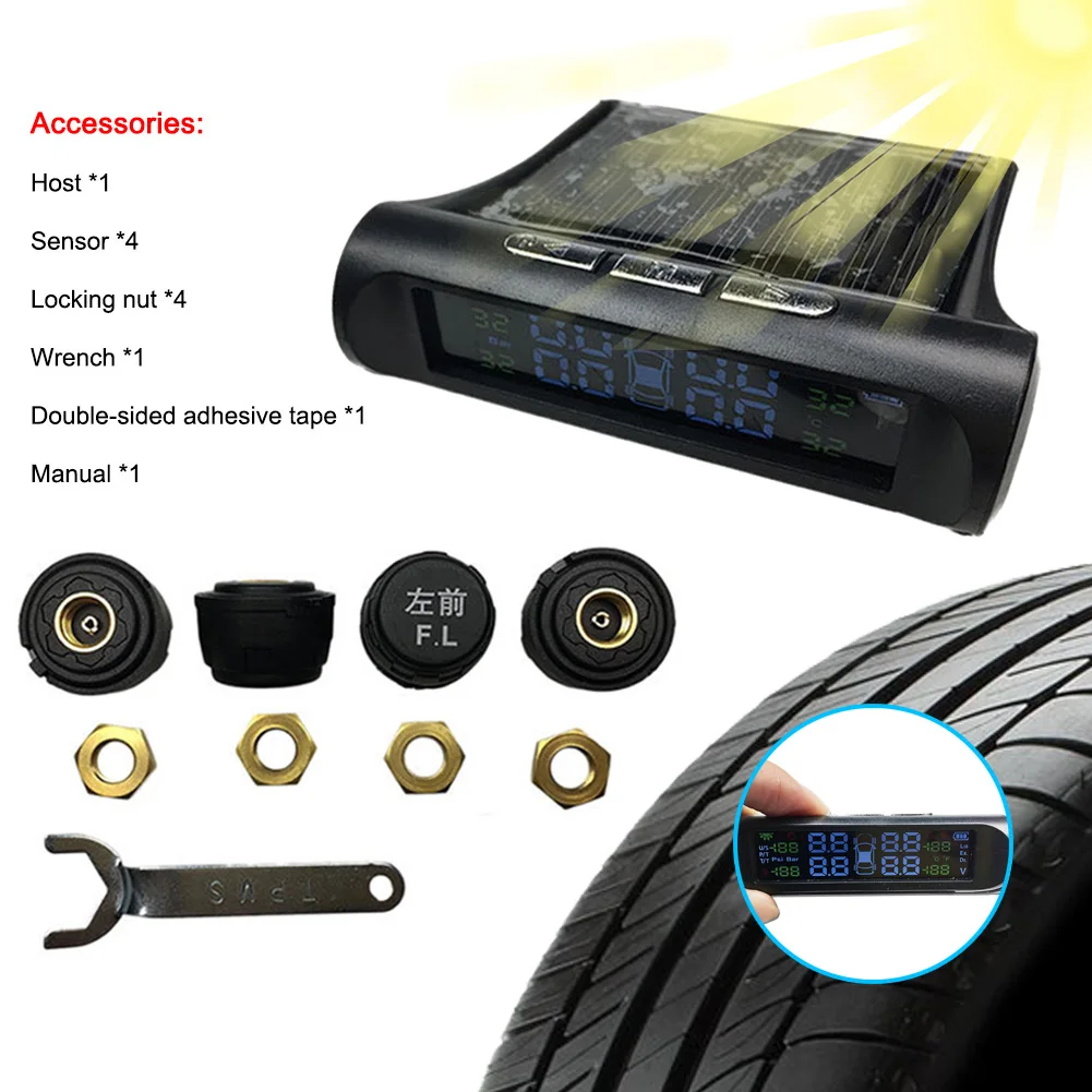 

Solar Power Vehicle Car Tire Tyre Pressure Monitoring System Wireless Auto TPMS Alarm Warning With 4 Sensors BAR PSI LCD Display