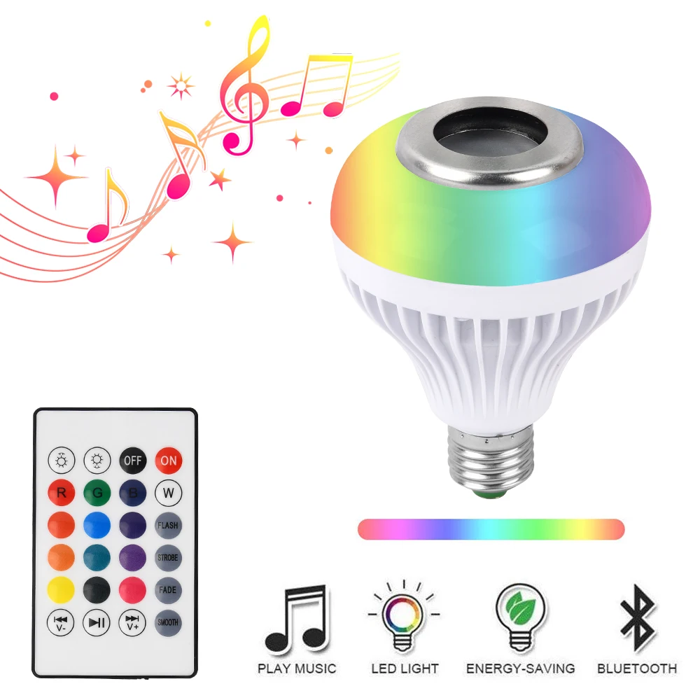 

Умная Светодиодная лампа RGB E27 E26 с Bluetooth-динамиком, 12 Вт, с функцией проигрывания музыки, с регулировкой яркости, беспроводная Светодиодная л...