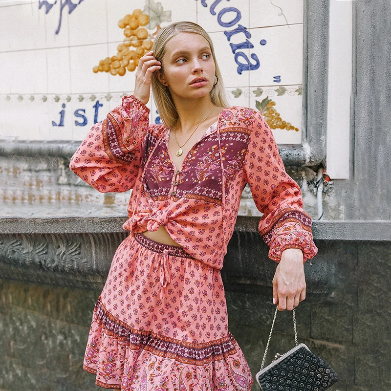 

Boho Floral Mini Dress Women Vintage V Neck Long Sleeve Print Two Piece Set Female Summer Dress Holiday Sundress Vestidos