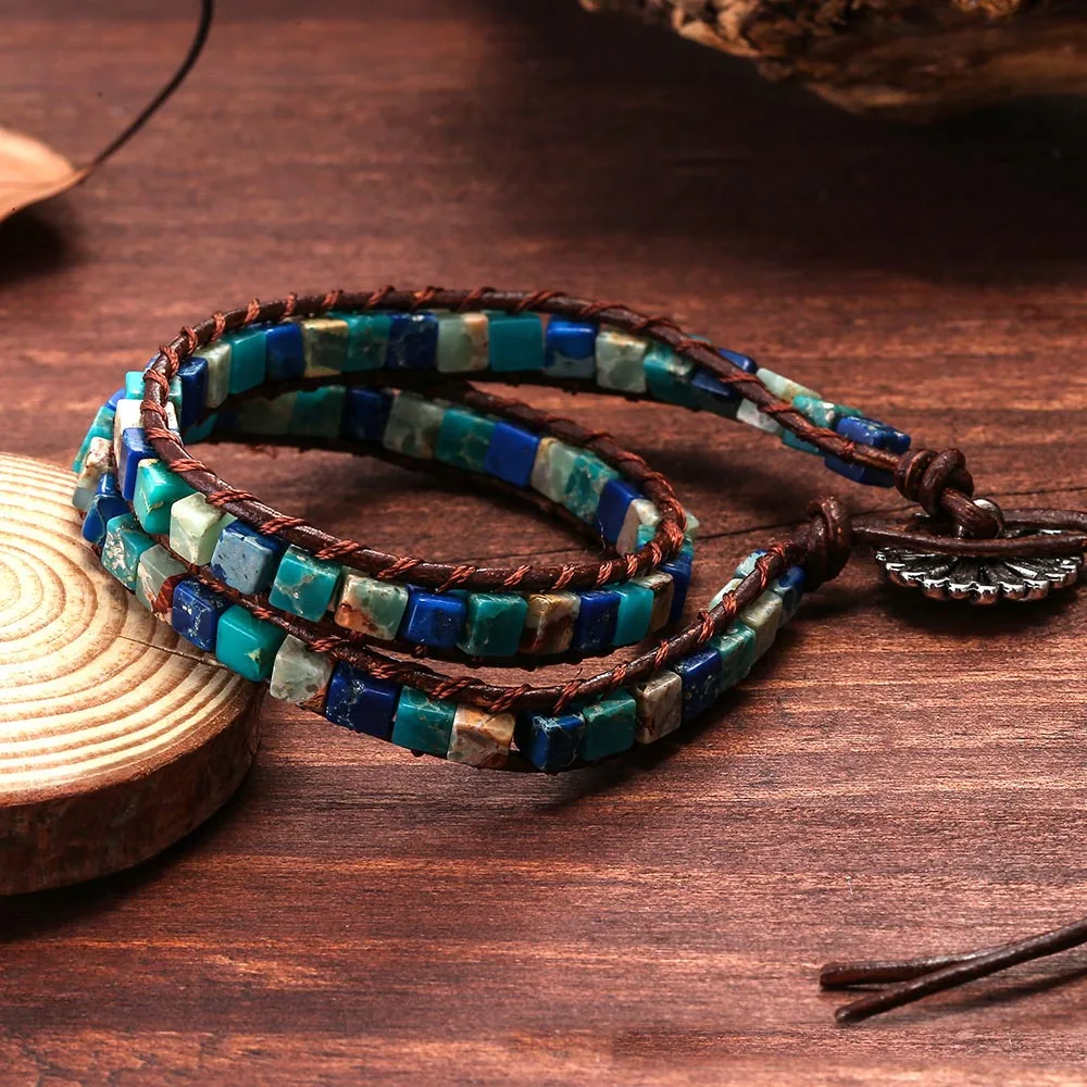 Boho Trendy Handmade Adjustable Multilayer Leather Bracelet Women Multi-color Natural Emperor Stone Bead Jewelry Chakra | Украшения и