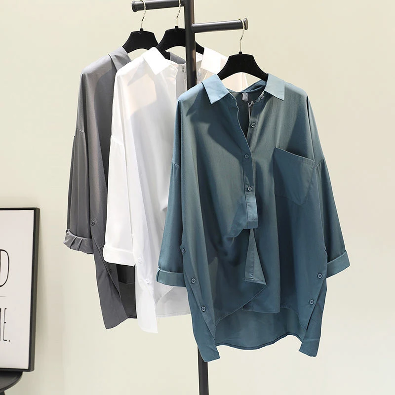 

Spring Summer Mid Long Women Blouse 2021 Korean Loose Turn Down Collar Solid Shirt Female Casual Batwing Sleeve Shirt Tops
