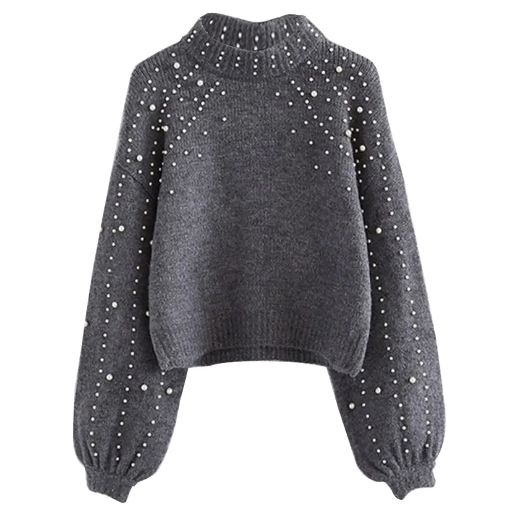 Women Fashion Lantern Sleeve Pearls Knit Winter Warm Sweaters Ladies Solid Color O-neck Loose Slim Fit Short Pullovers 2019 New | Женская