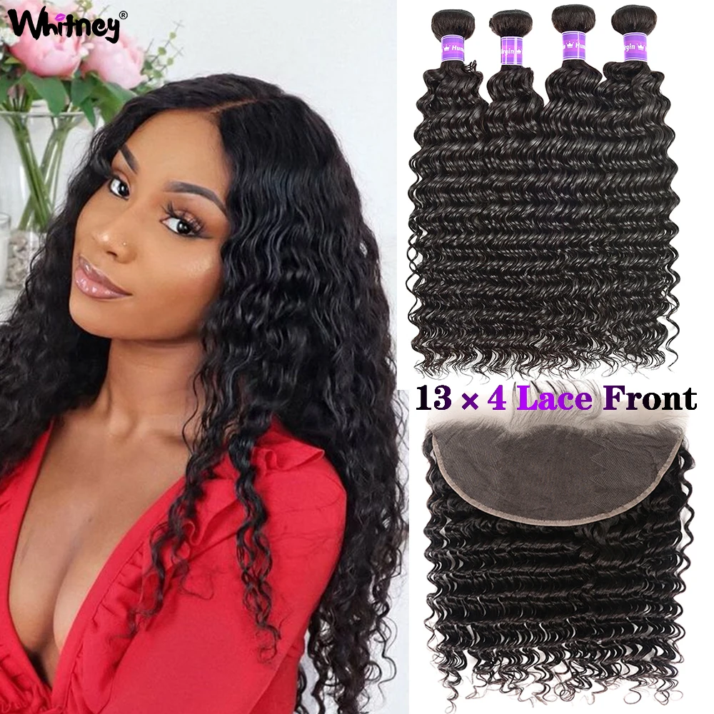 

Transparent Lace Frontal With Bundles Deep Wave Bundles With Closure Brazilian Hair 100% Remy Human Hair Weave Shuangya Hair