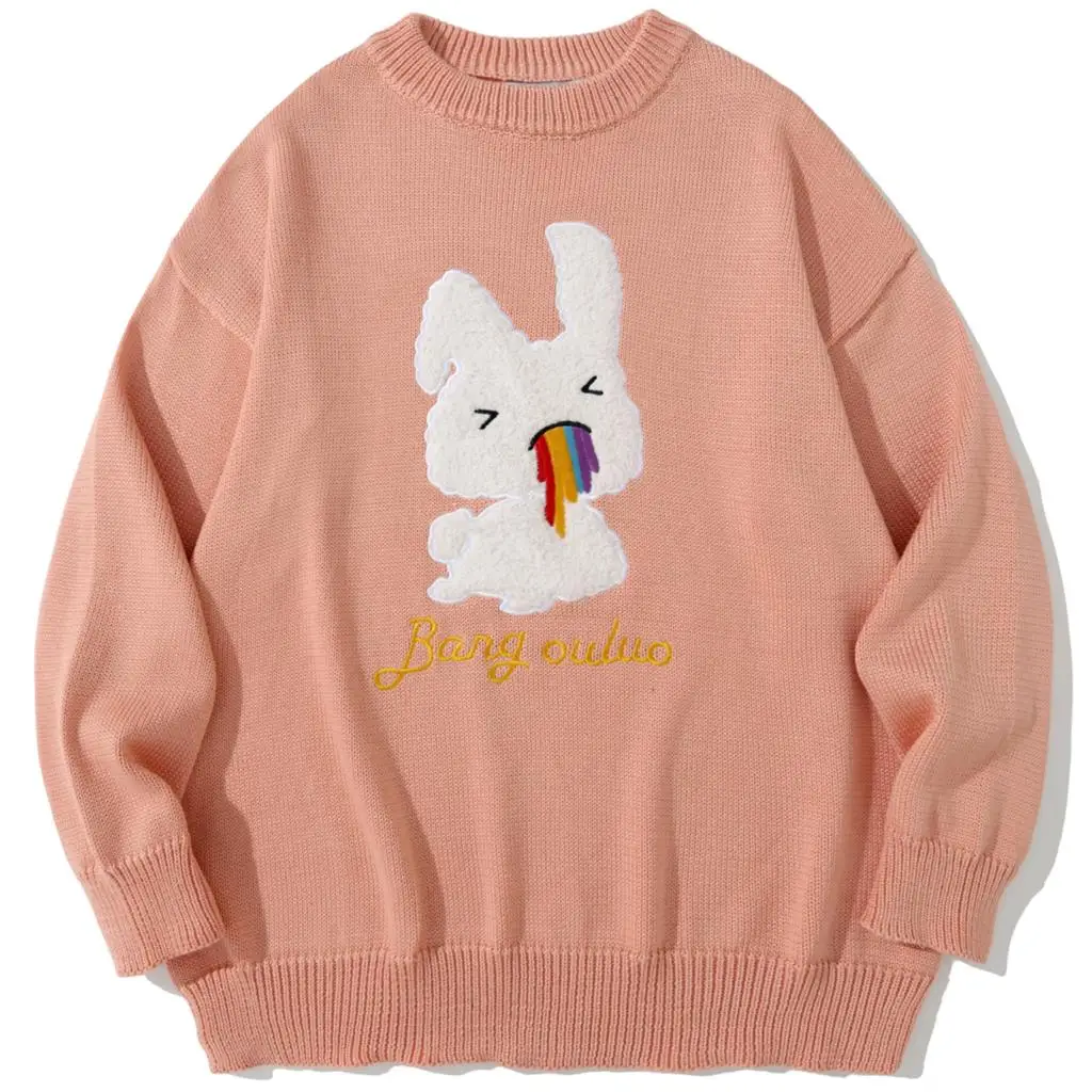 

Модный уличный свитер Harajuku с вышивкой мультяшный Кролик Радуга вязаный пуловер свитер Повседневный вязаный унисекс