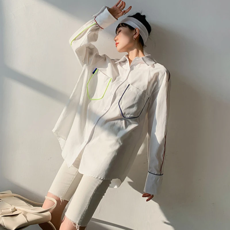 

SHENGPALAE Elegant Sunnscreen Blouse Women's Spring 2021 New Laple Large Size Single Breasted Long Sleeve Shirt Female Tide 5C46