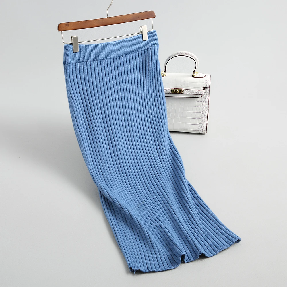 2019 Женская вязанная зимняя облегающая длинная юбка с высокой талией шикарная