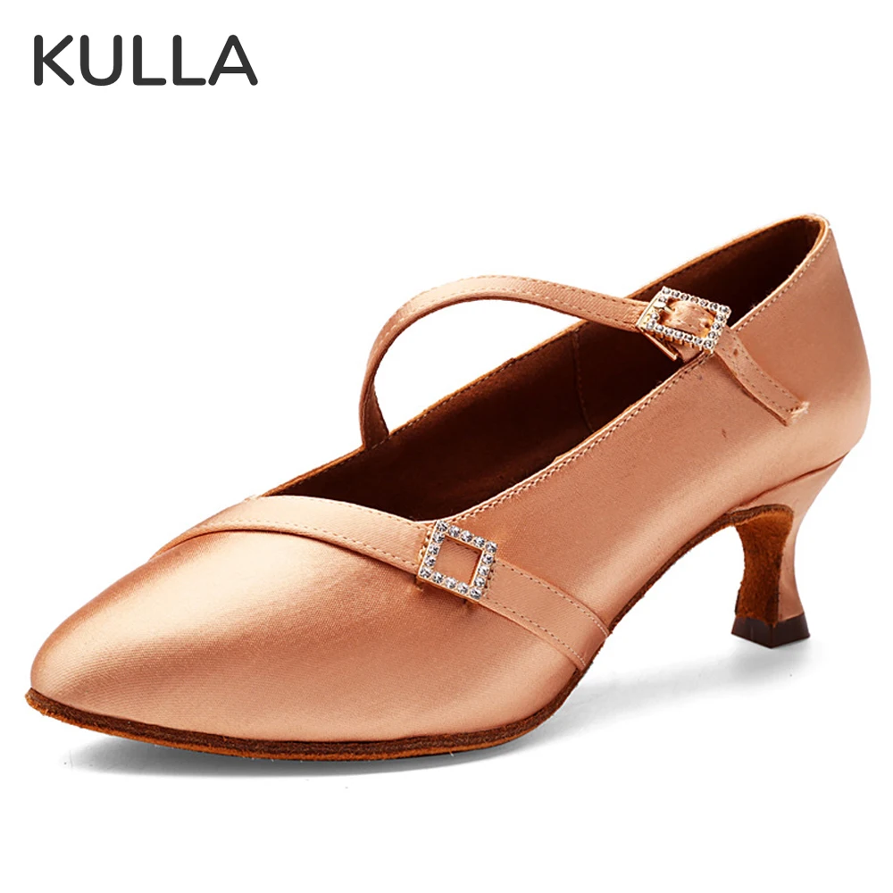 

Ballroom Dancing Shoes For Women 6CM Middle Heels Suede Soft Soles Flesh Satin Indoor Dancing Shoes Girls Waltz Latin Dance