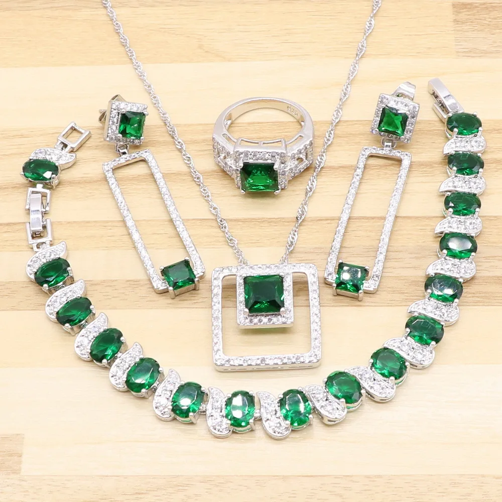 Женский комплект из четырех предметов, синий кубический цирконий, квадратный, Мода 925, серебряные ювелирные наборы, ангельское ожерелье для колец сережек браслетов, коробка