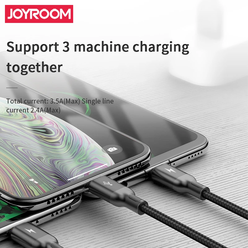 

JOYROOM 1.2M+0.3M Extension Cable Simultaneous Charging 3In1 Aluminum Alloy Nylon Braide Supports Micro Type-C IPhone Data Line