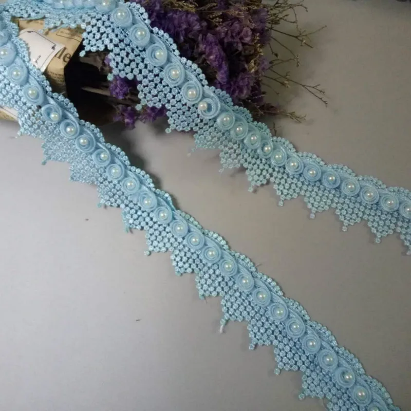 2 ярда небесно голубая Блестящая лента цветы сливы перламутровое кружево отделка