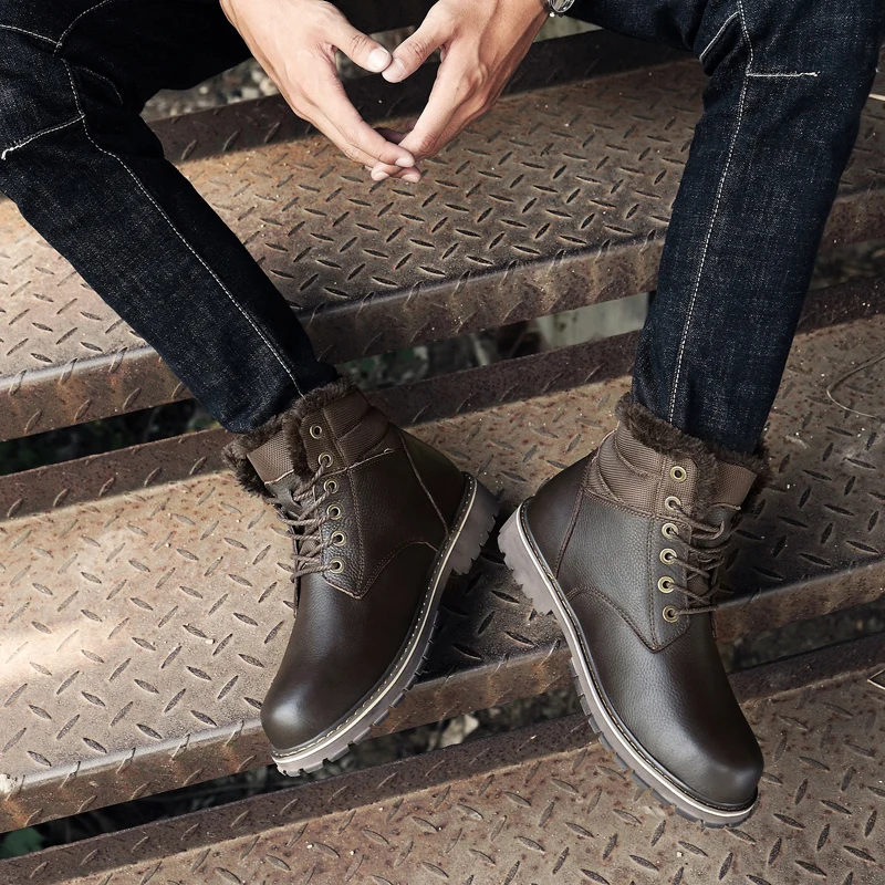 Мужские ботинки 2019 г. Теплые зимние мужские ботильоны на меху обувь из