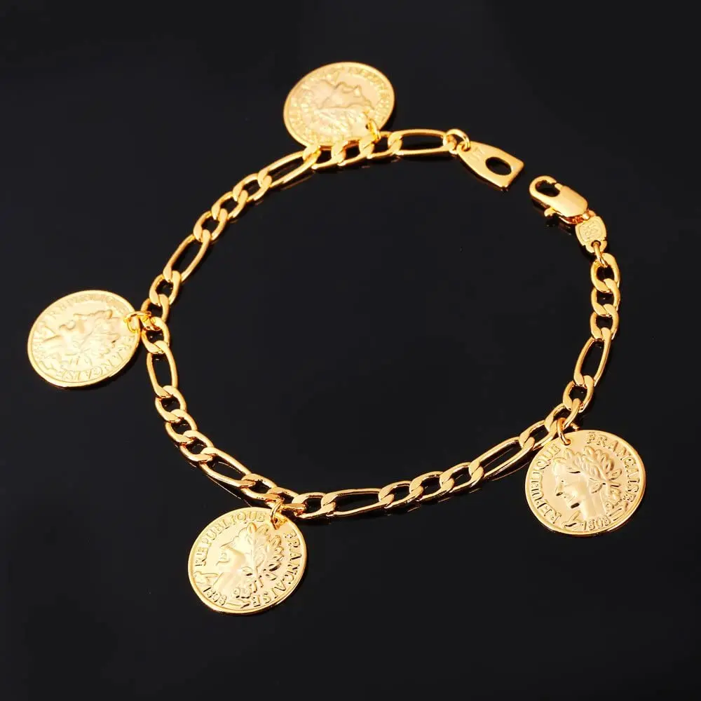 

U7 Figaro Chain Queen Coin Charm Gold Plated Link Bracelet For Women H1093