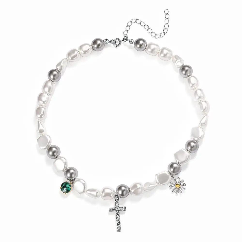 

HANGZHI 2020 New Hip Hop Punk Personality Cross Sun Flower Irregular Pearl Clavicle Chain Necklace For Men Women Girls Jewelry