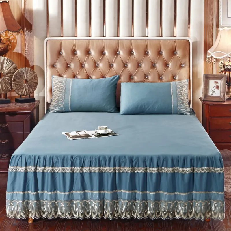 

Полностью хлопковая кружевная юбка для кровати с оборками, однотонный чехол на матрас принцессы, нескользящая простыня, юбка